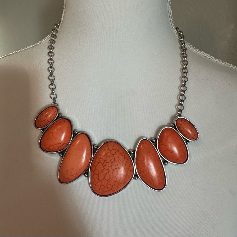 Boho Statement Bib Necklace - Burnt‎ Orange & Silver Western Core